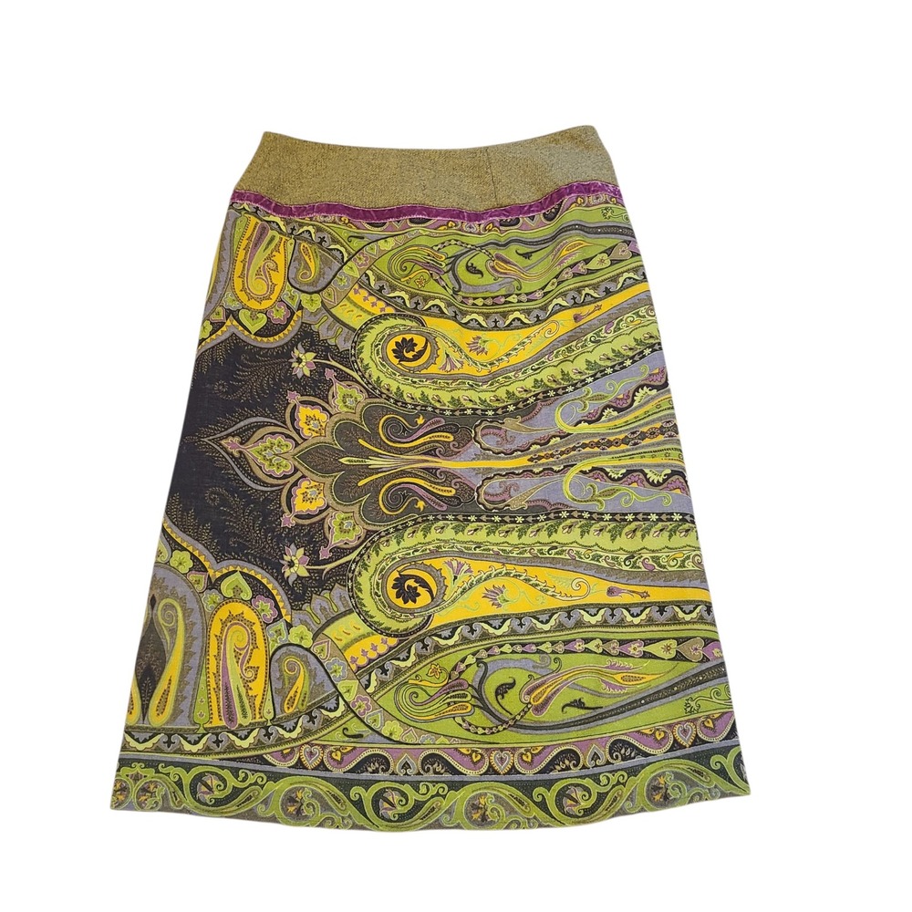 Etro Milano 100% Wool Paisley Wrap Midi Skirt Green Purple IT 42 Italy luxury - Picture 4 of 6
